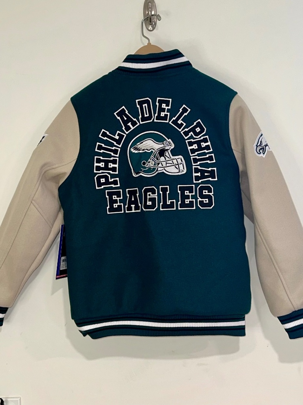 PHILADELPHIA EAGLES Wool Bomber Varsity JACKET Kelly Green/Tan Youth L 14-16 NFL